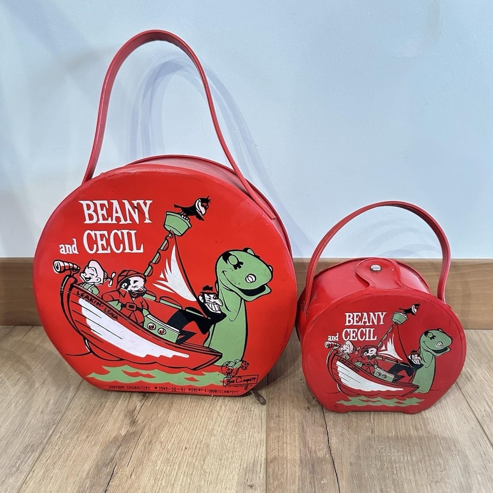 VTG Beany And Cecil Red Carry Case Set Of 2 Zip Up Purse & Doll Bag 60's Toy